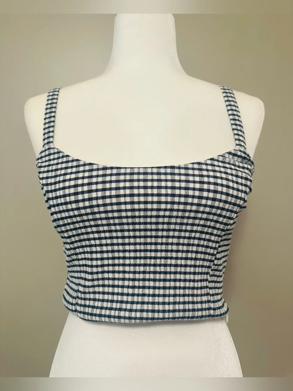 NWT Navy Blue Gingham Square Neck Cropped Tank Top - Small